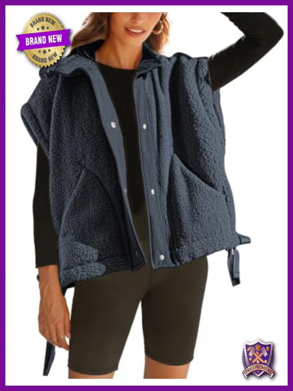 Women's Oversized Fleece Vest Warm Stand Collar Fuzzy Jacket with Pockets